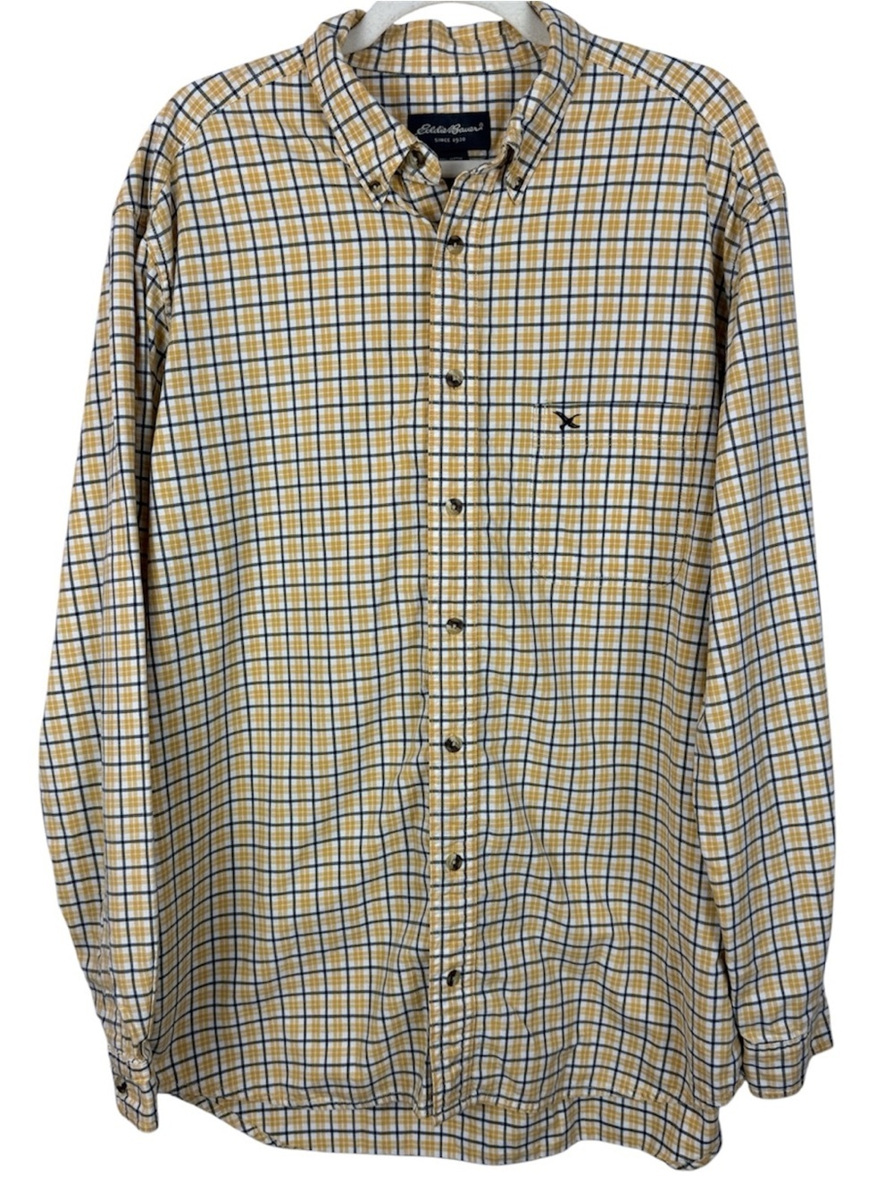 Eddie Bauer Men's L Tall Plaid Button Down Shirt Yellow Blue White 100% Cotton